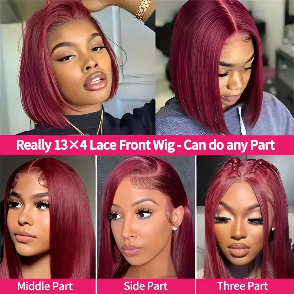 99J Burgundy Short Bob HD Lace Front Wig | Straight Transparent