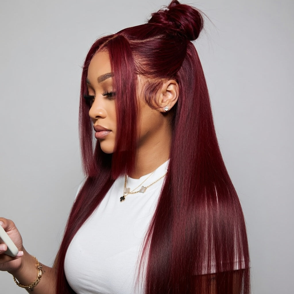 99J Burgundy HD Lace Front Human Hair Wig | Straight