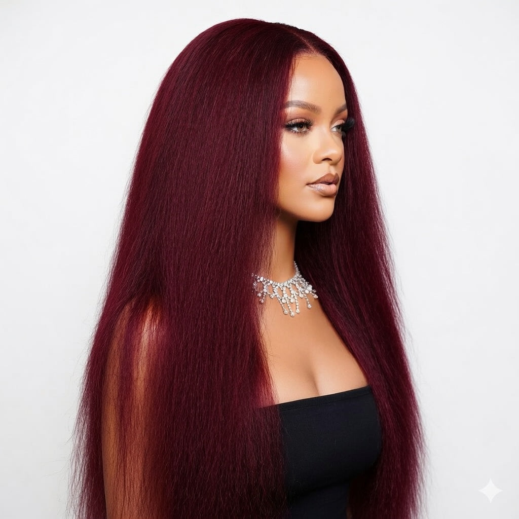 Black Kinky Yaki Straight Middle Part Lace Front Wig