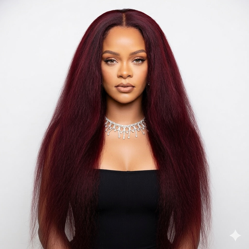 Black Kinky Yaki Straight Middle Part Lace Front Wig