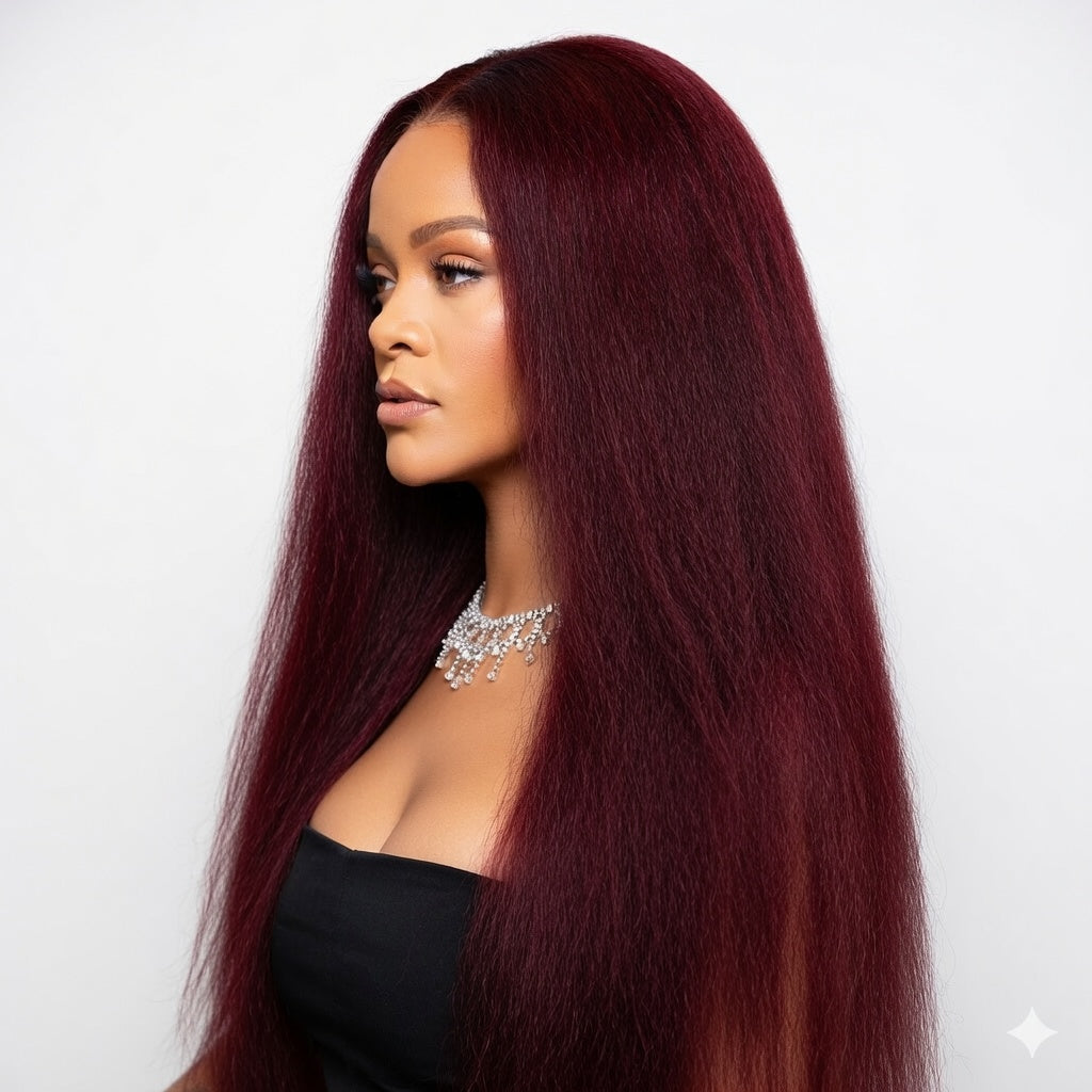 Black Kinky Yaki Straight Middle Part Lace Front Wig
