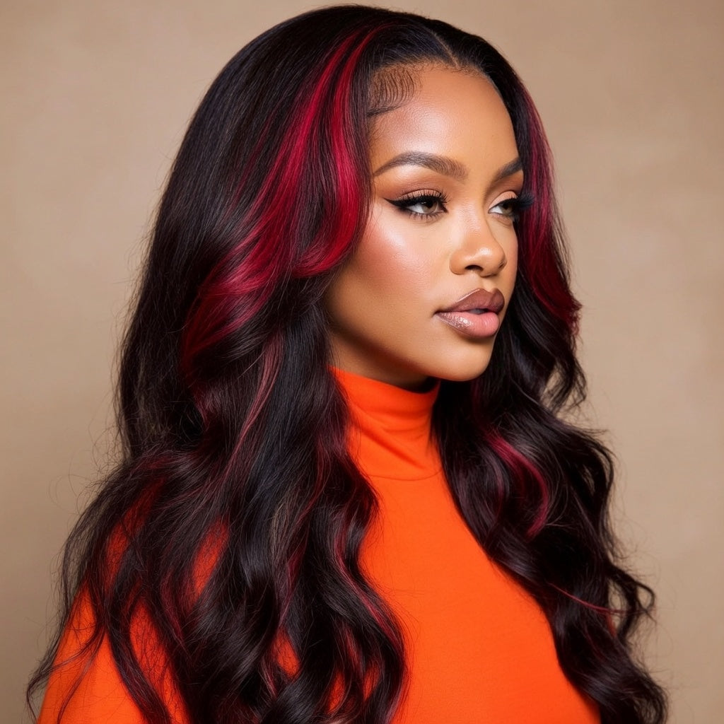 Black & Red Highlight 13x4 HD Lace Body Wave Cosplay Wig