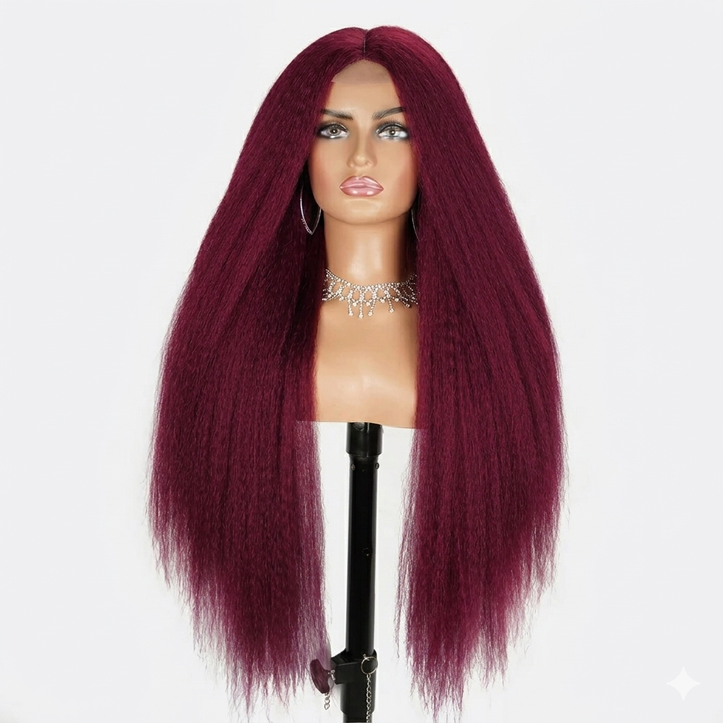 Black Kinky Yaki Straight Middle Part Lace Front Wig