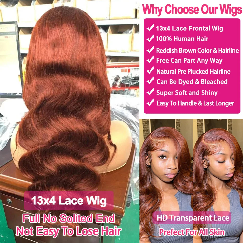 Reddish Brown Body Wave HD Lace Frontal Human Hair Wig
