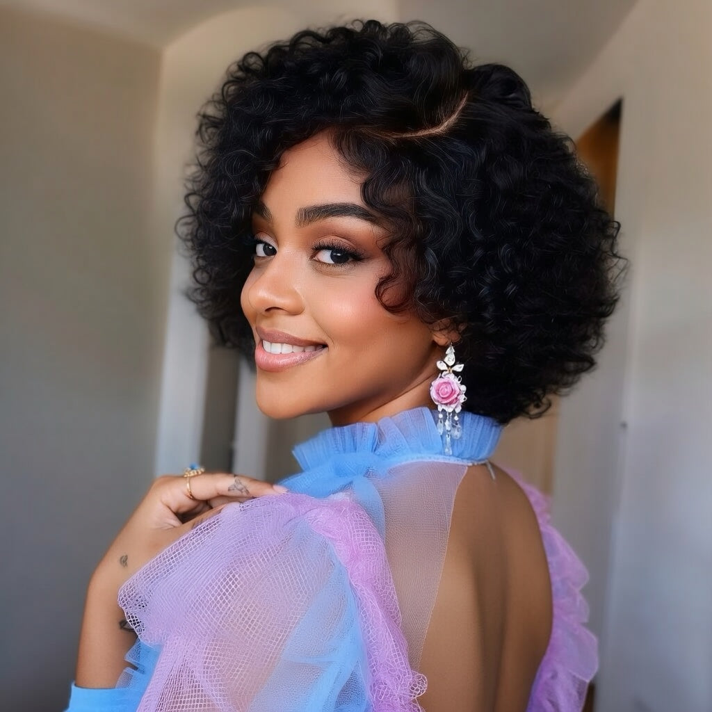 Short Pixie Deep Curly Bob T Part Lace Front Wig