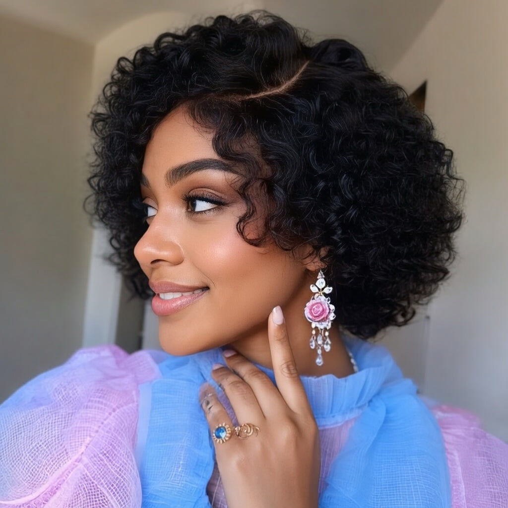 Short Pixie Deep Curly Bob T Part Lace Front Wig