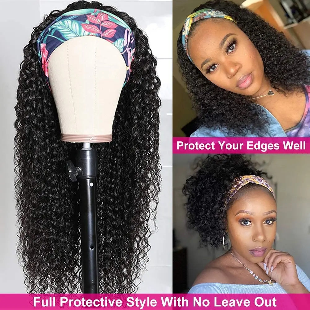 Water Wave Headband Wig Human Hair Curly Full Wig