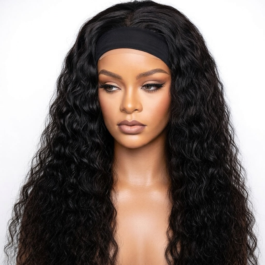 Water Wave Headband Wig Human Hair Curly Full Wig