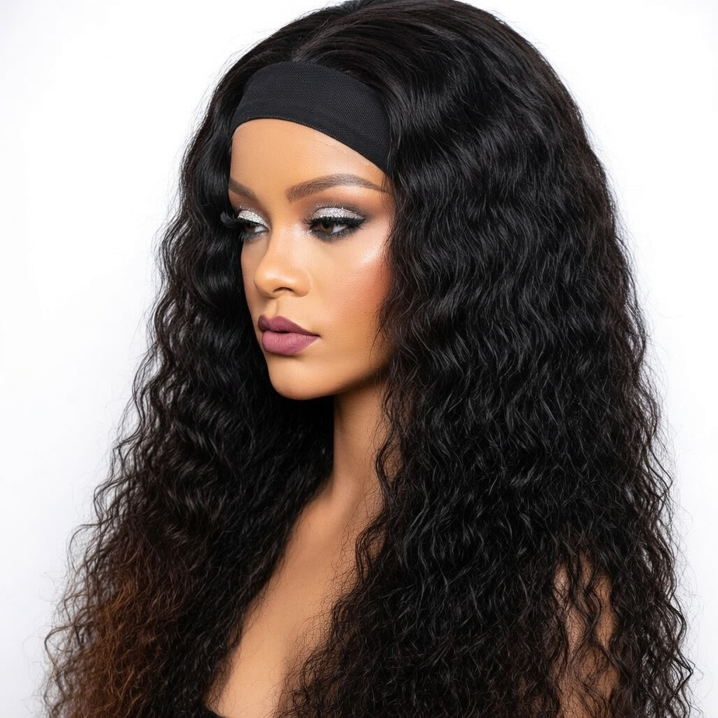 Water Wave Headband Wig Human Hair Curly Full Wig