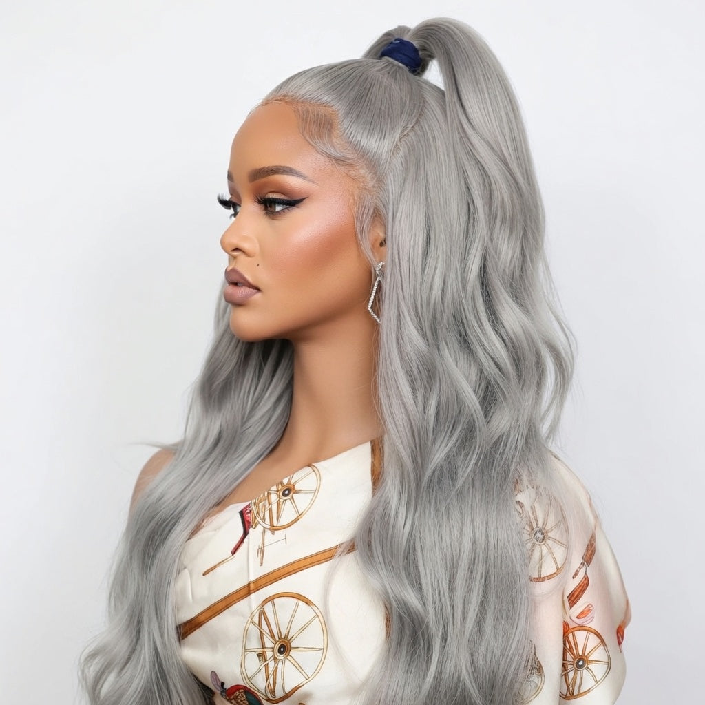 Gray Synthetic Lace Front Wig | Long Wavy Glueless Pre Plucked