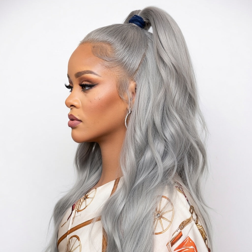 Gray Synthetic Lace Front Wig | Long Wavy Glueless Pre Plucked