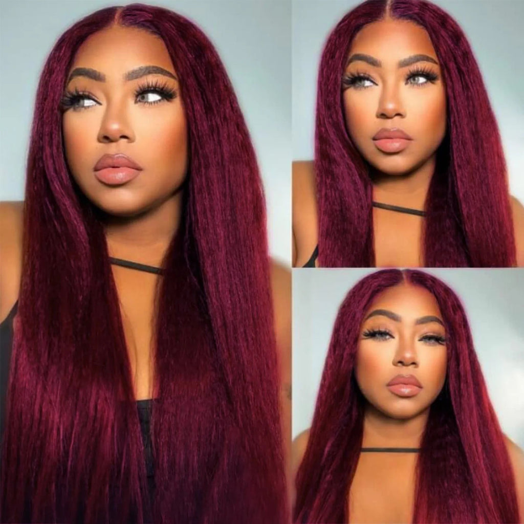 Black Kinky Yaki Straight Middle Part Lace Front Wig
