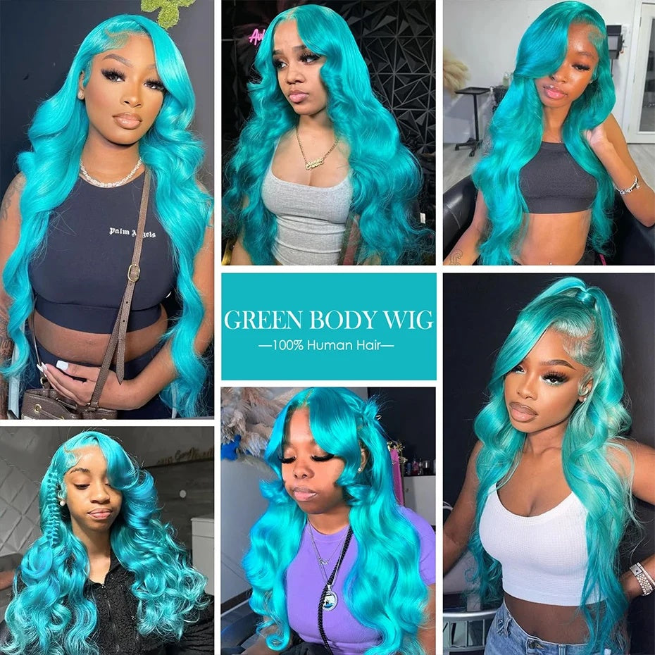 30" Teal Green Body Wave 13x6 HD Lace Human Hair Wig