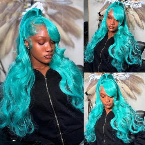 30" Teal Green Body Wave 13x6 HD Lace Human Hair Wig