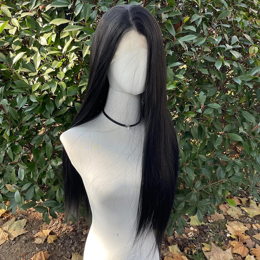 Jet Black Glueless 13x4 Lace Straight Synthetic Wig 26"