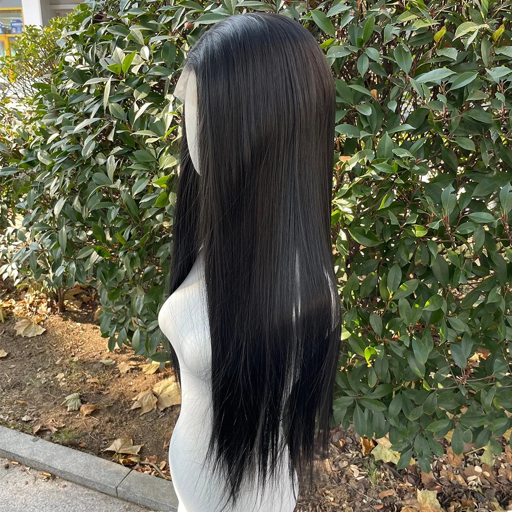 Jet Black Glueless 13x4 Lace Straight Synthetic Wig 26"